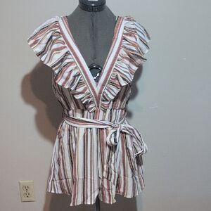 Moon River Beige and Pink Striped Romper